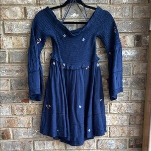 Free People Blue Dress. Smocked. Embroidered